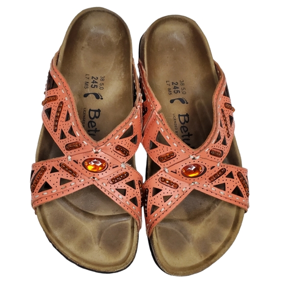 Birkenstock Betulas "Joyce" Beaded Laser Cut Cross Strap Sandals Salmon Size 7 - Picture 3 of 13
